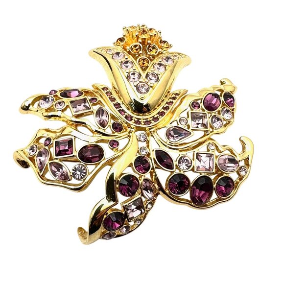 Vintage Nolan Miller Purple Flower Glass Rhinestone Gold Tone Brooch Pin - Picture 1 of 4